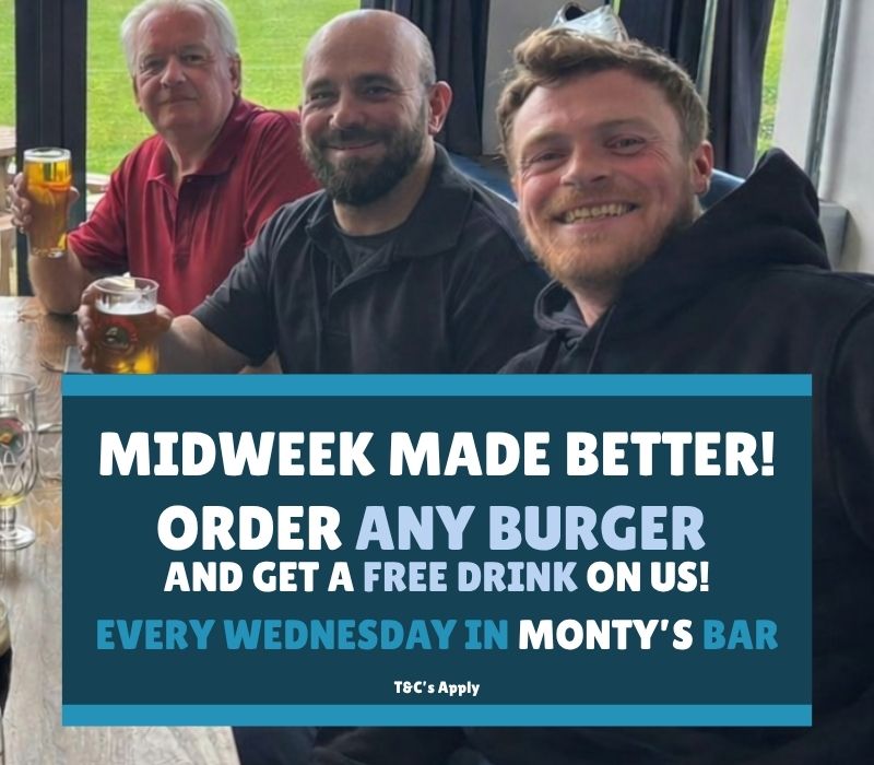 Midweek burger offer at Metropolitan Bushey, free drink with any burger every Wednesday in Monty’s Bar